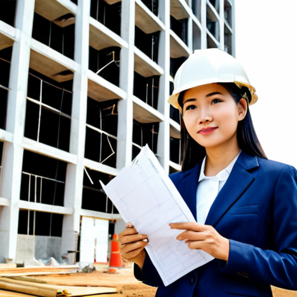 **
A professional female architect in a stylish, modest dress suit, standing on a construction site, holding blueprints. Background shows a partially completed modern building in Ho Chi Minh City. Safe for work, appropriate content, fully clothed, perfect anatomy, correct proportions, natural pose, well-formed hands, proper finger count, natural body proportions, professional, family-friendly.
**