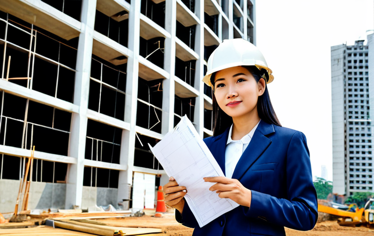 **
A professional female architect in a stylish, modest dress suit, standing on a construction site, holding blueprints. Background shows a partially completed modern building in Ho Chi Minh City. Safe for work, appropriate content, fully clothed, perfect anatomy, correct proportions, natural pose, well-formed hands, proper finger count, natural body proportions, professional, family-friendly.
**