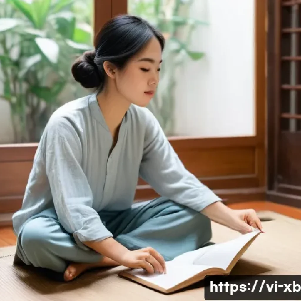 정서적 민첩성을 높이는 비판적 사고 기법 - **Prompt:** A serene and focused young Vietnamese woman, in her mid-20s, sits comfortably on a woven...