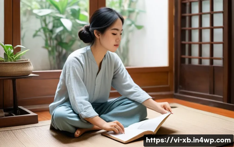 정서적 민첩성을 높이는 비판적 사고 기법 - **Prompt:** A serene and focused young Vietnamese woman, in her mid-20s, sits comfortably on a woven...
