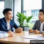 Home 21 정서적 민첩성을 위한 그룹 토론 기법 - A diverse group of Vietnamese young professionals engaged in an active group discussion in a modern ...