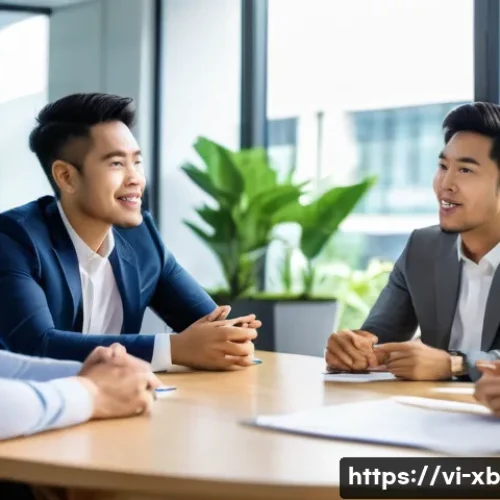 Home 33 정서적 민첩성을 위한 그룹 토론 기법 - A diverse group of Vietnamese young professionals engaged in an active group discussion in a modern ...