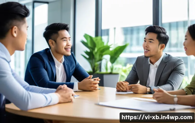 정서적 민첩성을 위한 그룹 토론 기법 - A diverse group of Vietnamese young professionals engaged in an active group discussion in a modern ...