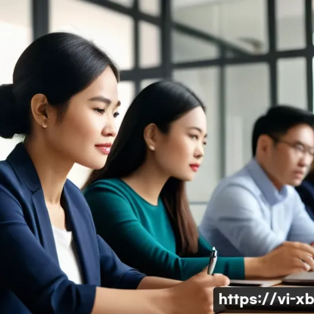 정서적 민첩성에 대한 최신 연구 결과 - A modern Vietnamese office scene depicting a diverse group of young professionals practicing emotion...