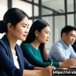 Home 20 정서적 민첩성에 대한 최신 연구 결과 - A modern Vietnamese office scene depicting a diverse group of young professionals practicing emotion...