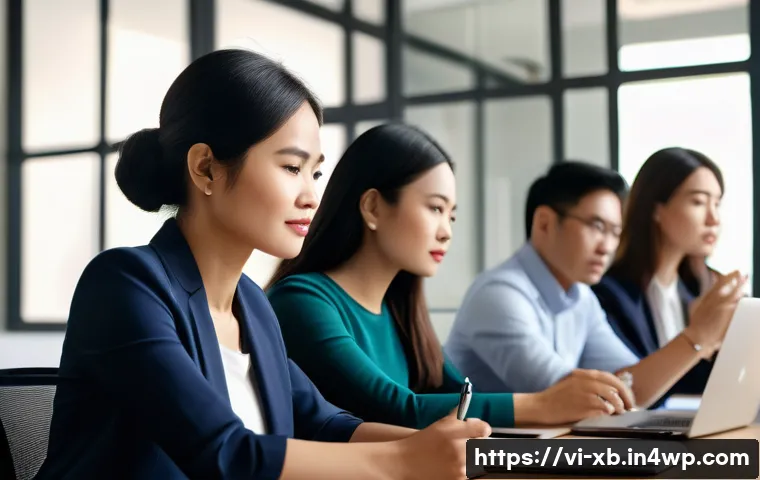 정서적 민첩성에 대한 최신 연구 결과 - A modern Vietnamese office scene depicting a diverse group of young professionals practicing emotion...