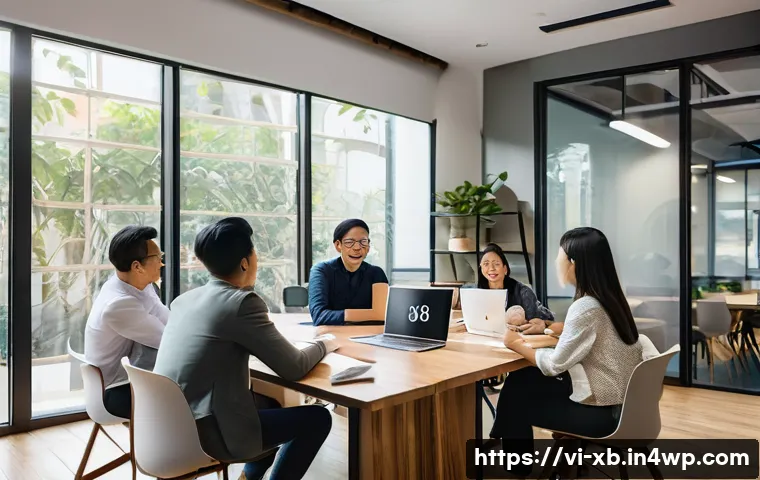 정서적 민첩성을 향상시키기 위한 팀 다이내믹 분석 - A diverse group of Vietnamese office workers in a modern coworking space, engaging in an open and re...