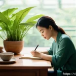 Home 18 정서적 민첩성 개발을 위한 목표 설정 전략 - A Vietnamese young professional woman sitting at a tidy wooden desk in a bright, cozy home office fi...