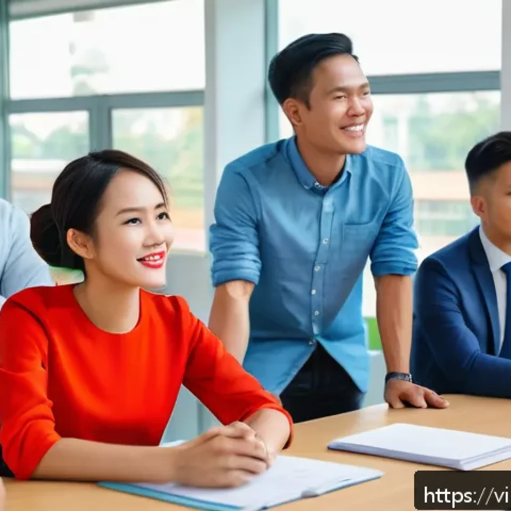 정서적 민첩성과 사회적 기술의 중요성 - A diverse group of Vietnamese professionals in a modern office setting engaged in active listening a...
